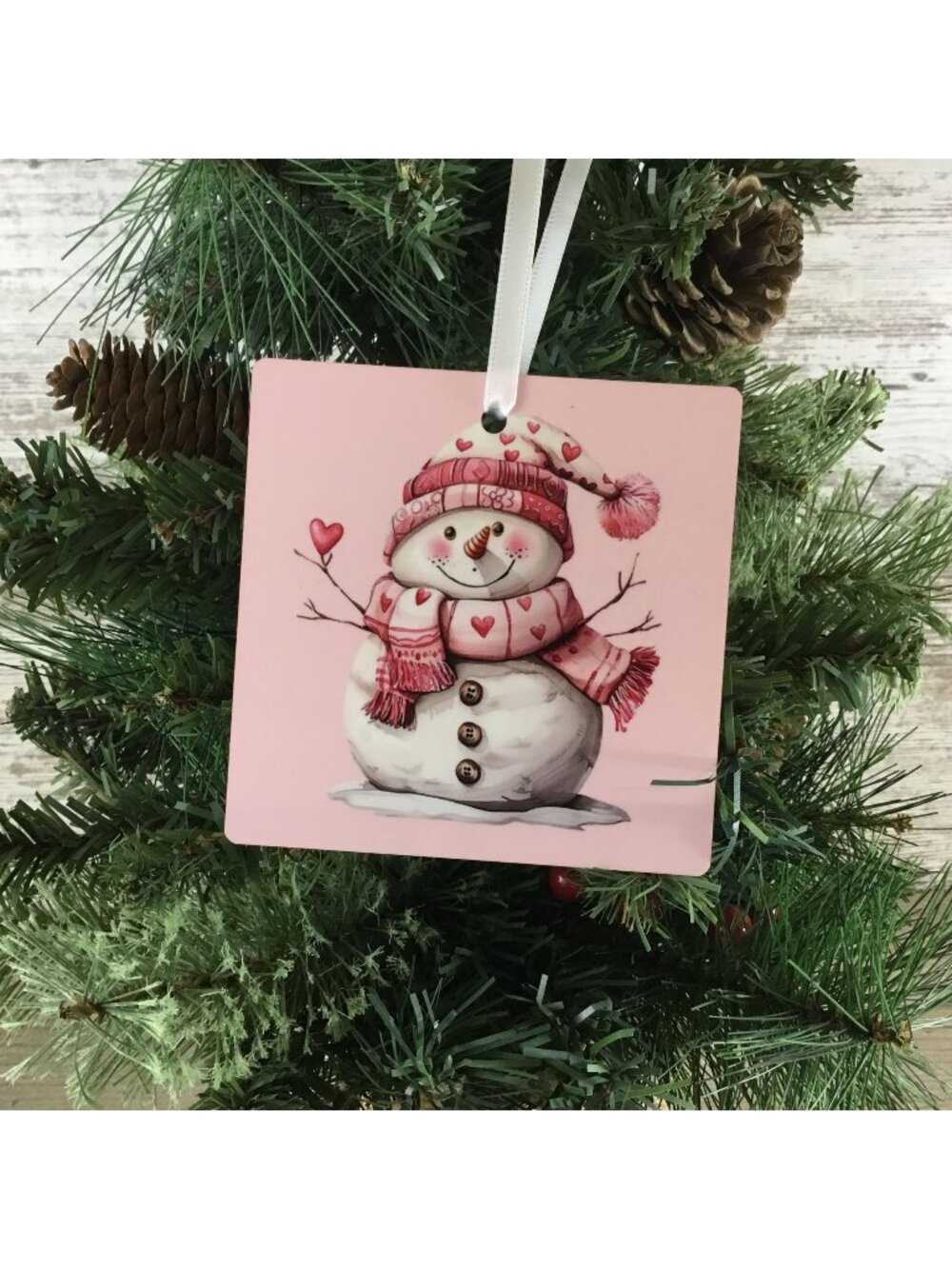Snowman with Pink Hat & Heart Scarf 3.5" Square Wooden Ornament